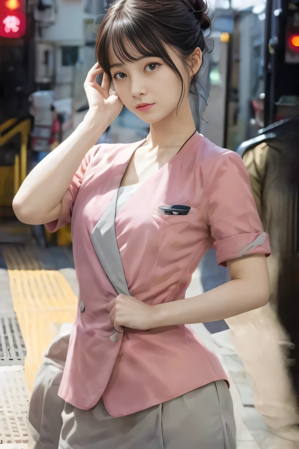 (masterpiece:1.2, highest quality:1.2), 32K HDR, High resolution, (alone、1 girl)、(On the rooftop of a building in the daytime、Professional Lighting)、Building rooftop background、(Nankai train crew uniform pinkを着たリアルスタイル)、(Nankai train crew uniform pink short sleeve pink jacket、Nankai Train Crew Uniform Pink Collarless Short Sleeve Blouse、Nankai Train crew uniform pinkのグレー色のキュロットスカート)、Dark brown hair、(Hair tied up、Hair Bun、Hair Bun)、Dark brown hair、Long Shot、Big Breasts、Thin legs、((Great hands:2.0)),((Harmonious body proportions:1.5)),((Normal limbs:2.0)),((Normal finger:2.0)),((Delicate eyes:2.0)),((Normal eyes:2.0)))、Captivating look、(Nankai Train crew uniform pinkのグレー色のキュロットスカートを見せた美しい立ち姿)、Put your hands down、I have nothing in my hands