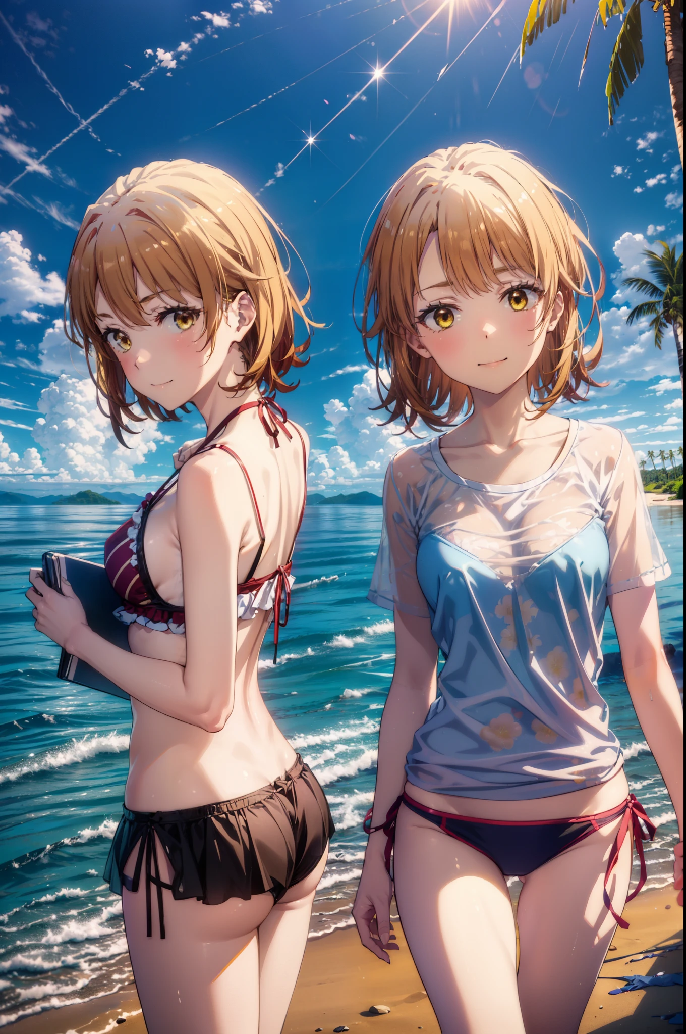 irohaisshiki, iroha isshiki, short hair, Brown Hair, (Brown eyes:1.5), smile,Yellow string bikini swimsuit,Oversized shoulder t-shirt,barefoot,Big straw hat,Palm tree,Clear skies,whole bodyがイラストに入るように,
break outdoors, Beach,Sandy Beach,
break looking at viewer,whole body,(Cowboy Shot:1. 5)
break (masterpiece:1.2), highest quality, High resolution, unity 8k wallpaper, (figure:0.8), (Beautiful fine details:1.6), Highly detailed face, Perfect lighting, Highly detailed CG, (Perfect hands, Perfect Anatomy),