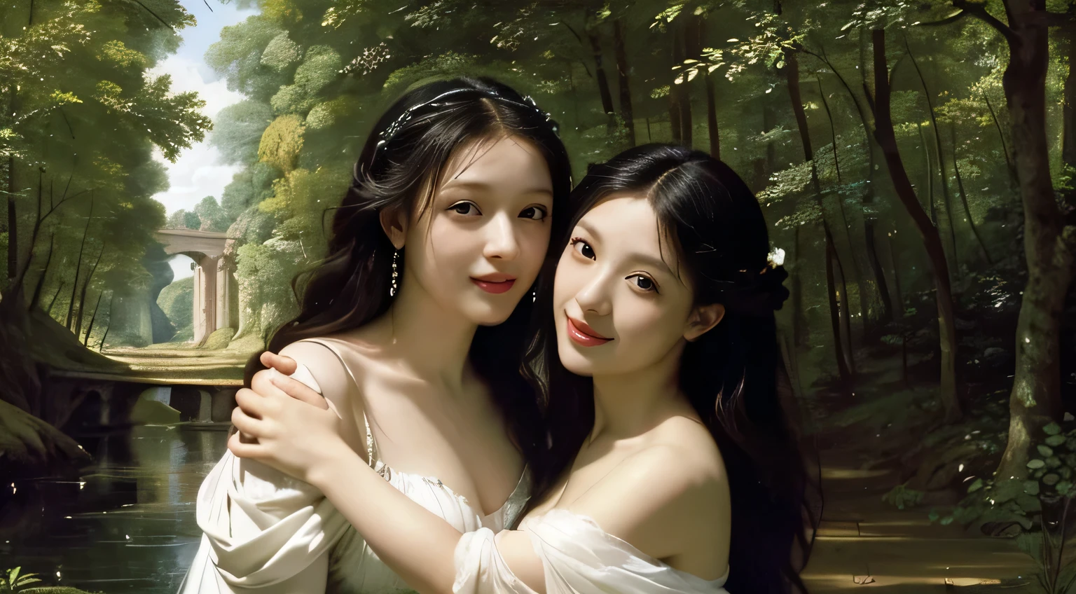 Giorgione painting style,Barbizon forest A beautiful woman in Greek dress smiles on the shore,Sweet and seductive appearance.、Caravaggio's paintings、Chiaroscuro of Caravaggio、hair tousled by the wind,Two women frolicking,cute smile, expression of ecstasy,Sexy,erotic, full body portrait