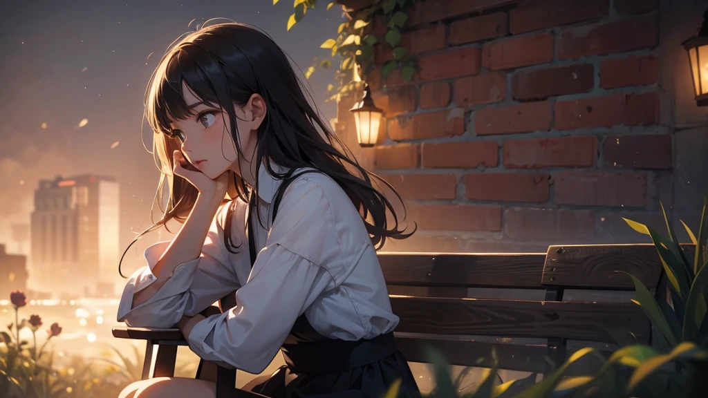 A young woman sits with a sad expression on her face, singing a heartfelt song. She wears a simple dress and sits on an old wooden bench. Behind her, there is a brick wall with large black-painted letters spelling "JM Music," adding a sense of nostalgia and sorrow. The surrounding atmosphere is dimly lit, emphasizing the emotional tone of the moment.