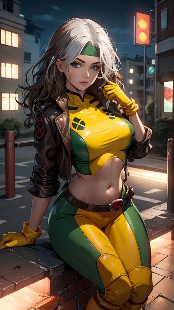 (high quality, masterpiece, detailed), night city detailed scenario, night city detailed background, 20-year-old girl, alone, Multicolored Hair, Gray Hair, Brown Hair, Superhero, Villain, Extreme, blue eyes, Jacket, Open clothes, belt, open Jacket, head band, cropped legs, leather, leather Jacket, Green Pants, yellow pants, yellow leather top, green leather top, Crop top, Sit on top of a building, belly button, Perfect Face, Beautiful Eyes, Perfect Eyes, Looking at the audience, Sexy pose