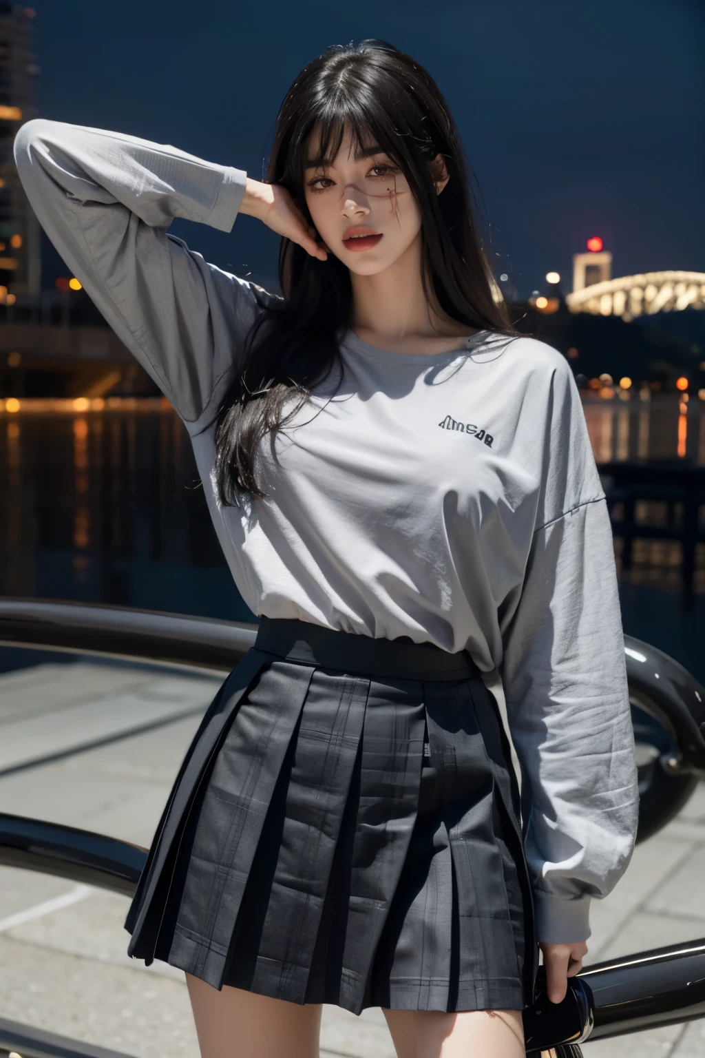 Surreal,  High resolution, 8k, Very detailed, (Best Illustration), , highest quality, (Detailed face), ,night ( Chainsaw Man )、alone, 1 girl,full body, Focus on the face, (Beautiful fine details), Long black hair, Korean, Light eyeshadow, Brown eyes, Small mole under eye,,  Large Breasts, (Long-sleeved shirt)+(Grey plaid pleated skirt), Dynamic pose, 