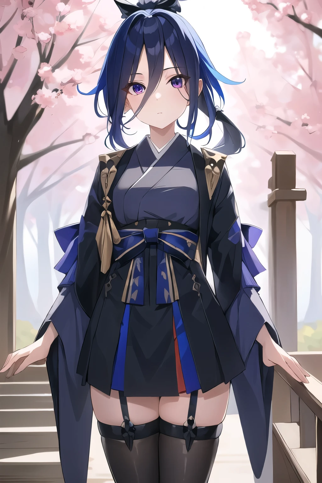 (masterpiece, best quality:1.2),insanely detailed,absurdres,ultra-highres,ultra-detailed,best quality,
slender,kawaii,perfect symmetrical face,ultra cute girl,ultra cute face,ultra detailed eyes,ultra cute,ultra beautifu,
clorinde \(genshin impact\),1girl,solo,purple eyes,low ponytail,blue hair,black thighhighs,looking at viewer,kimono,japanese clothes,
outdoors,standing,