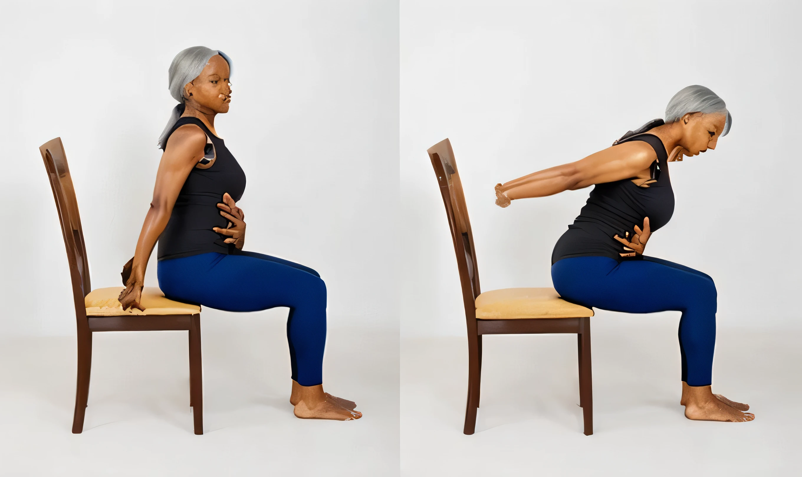 a black old woman seated on a chair doing Seated Heart Opener chair yoga