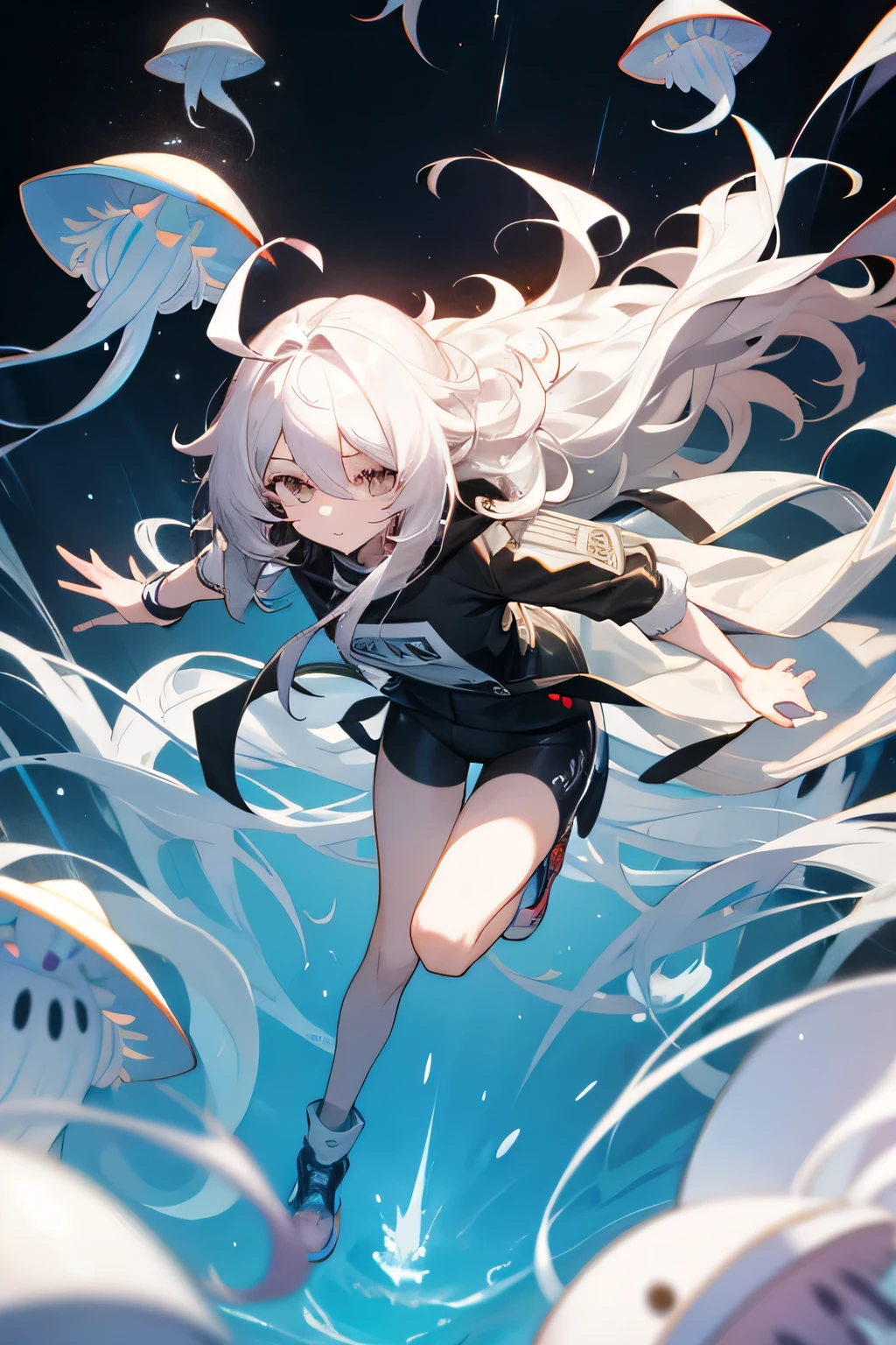 1girl, solo, , neutral, expressionless, looking at viewer, ahoge, covering one eye, long hair, ahoge, curly, wavy hair, messy hair, curly hair, shiny hair, spiked hair, white hair, white eyes, irisless eyes, jitome, pale skin, full body, white jellyfish,grassland,Running、smile、