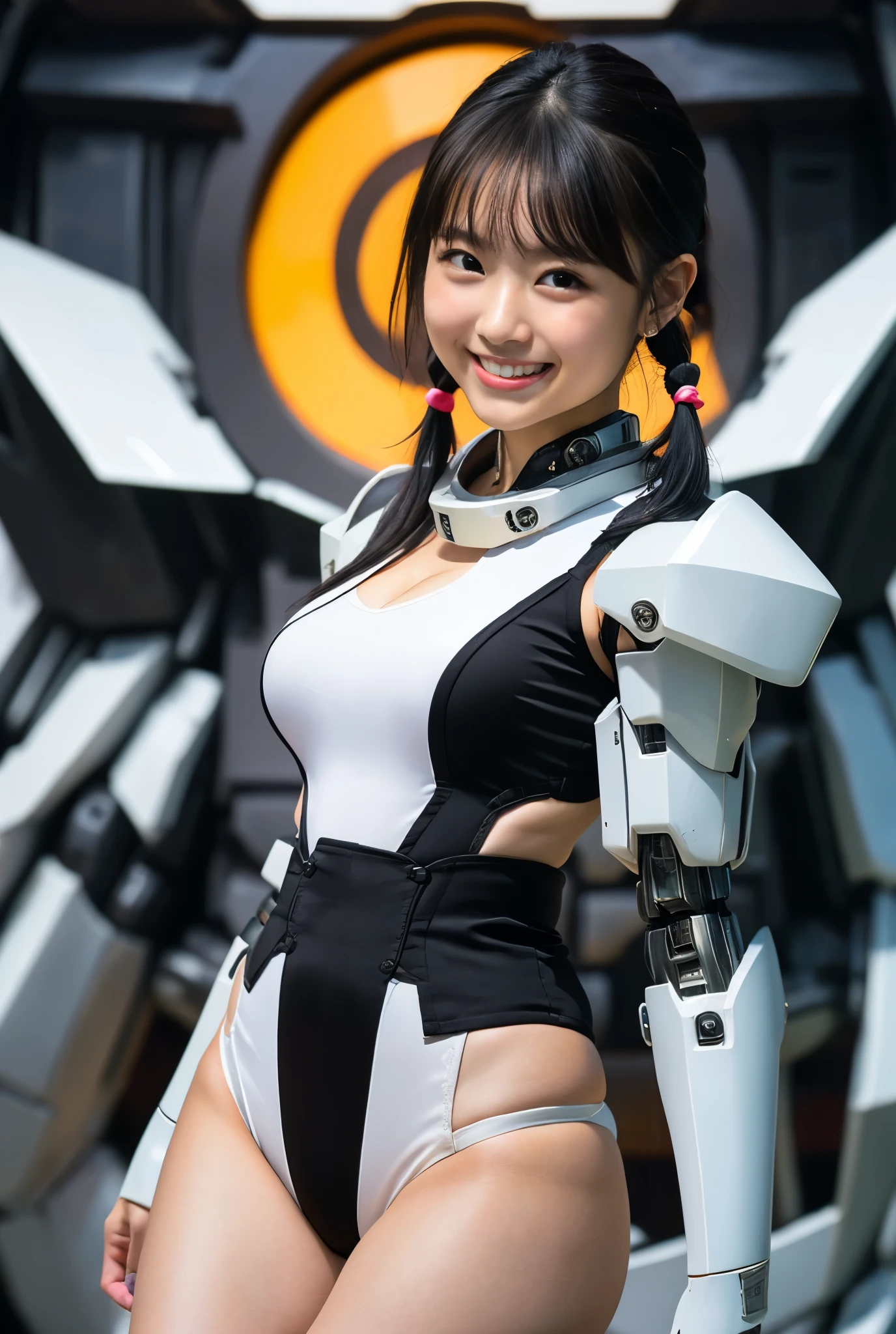 (8k、Raw photography、highest quality、masterpiece:1.2),(Black Hair:1.8),(Twin tails:1.4)、View your audience,Viewed from the front,White skin,(Mecha Costume:1.6)、(Tight waist:1.6)、(Clothes that accentuate the shape of the breasts:1.0)、(Big Breasts :1.3)、Slim figure、Ultra-high resolution,beautiful,beautiful fece,(one person、No background:1.9),whole bodyボディー,Japanese women,(reality的:1.37)、Photon Mapping,reality、(Baby-faced and cute: 1.5)、(Cute Smile: 1.8)、(Round face: 1.8)、Radio City、Physically Based Rendering、Depth of field rally background、photograph, (I can see your knees、Thigh close-up:1.8),(:1.6),whole body、Great quality