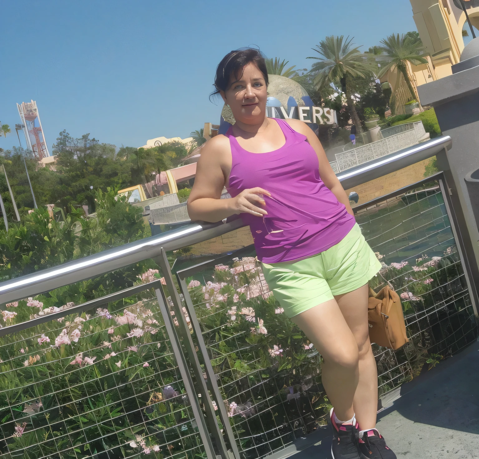 woman standing on a bridge with a view of a city, at california adventure, in disney, in las vegas, 4 5 yo, wearing a camisole and shorts, vacation photo, at the waterside, epcot, 3 0 years woman, in sunny weather, wearing a tank top and shorts, dressed in a top and shorts