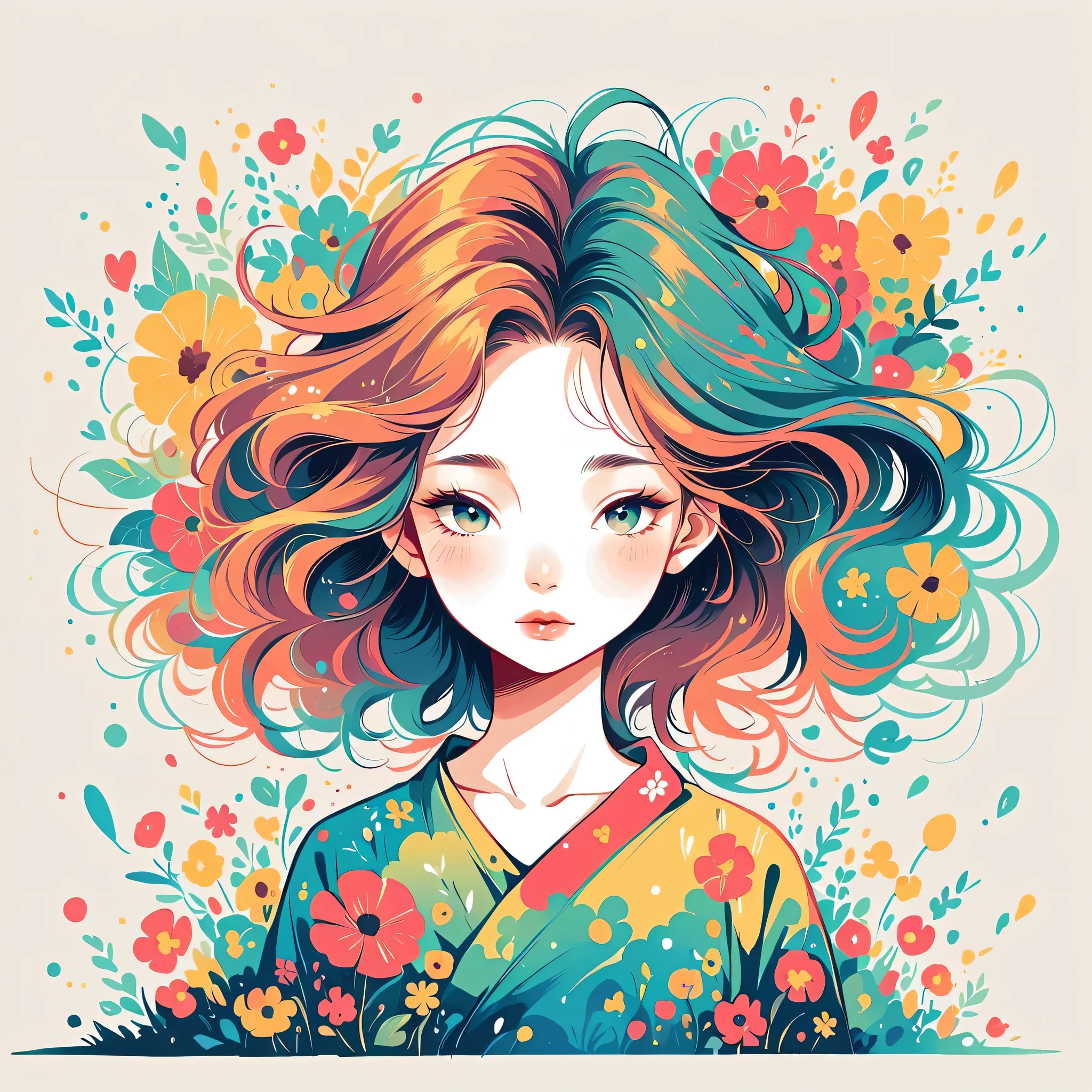 Watase Seizo style, Standing in front of a high wall，Simple Line Initialism，Abstract art，Urban Background, (((The most beautiful girl))), Lips in Love, colorful flowers