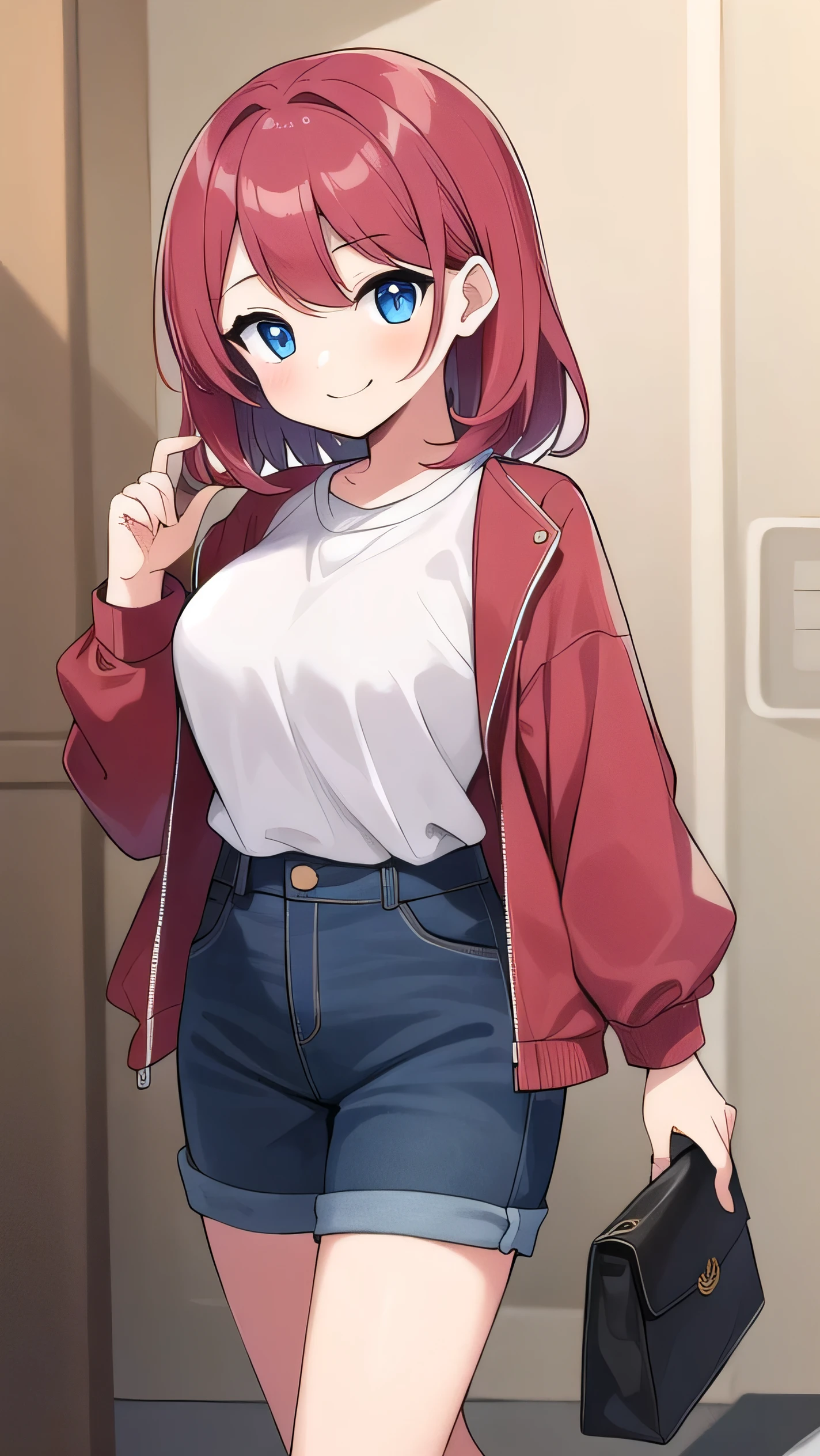 Big breasts, red hair, blue eyes, droopy eyes, red jacket, lsuper big breasts, (medium hair: 1), baggy clothes, young face, short height, 10 years old, shy，Agari, smiling a little,  soft hair，(straight hair:1.5)，childish clothes