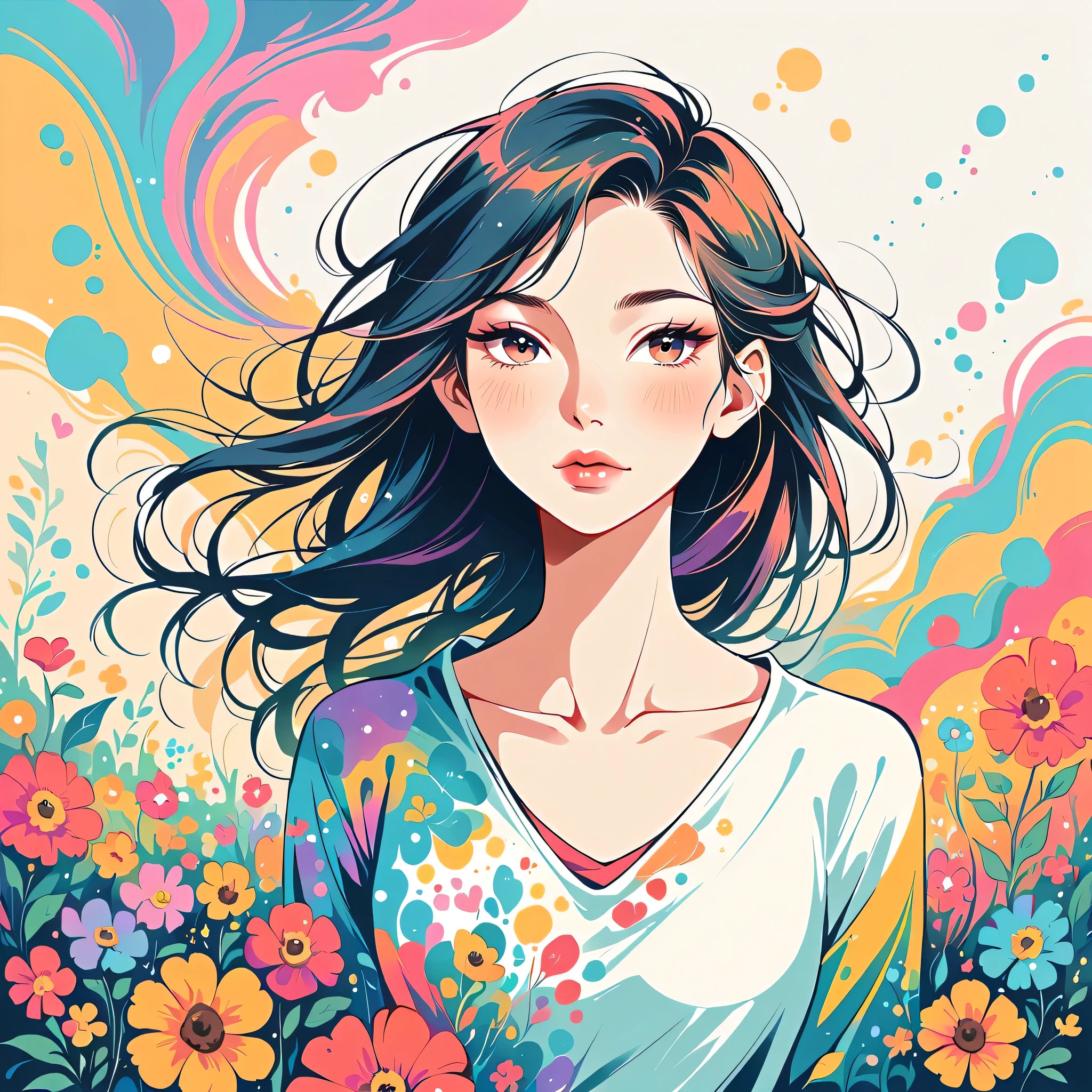Watase Seizo style, Standing in front of a high wall，Simple Line Initialism，Abstract art，Urban Background, (((The most beautiful girl))), Lips in Love, colorful flowers