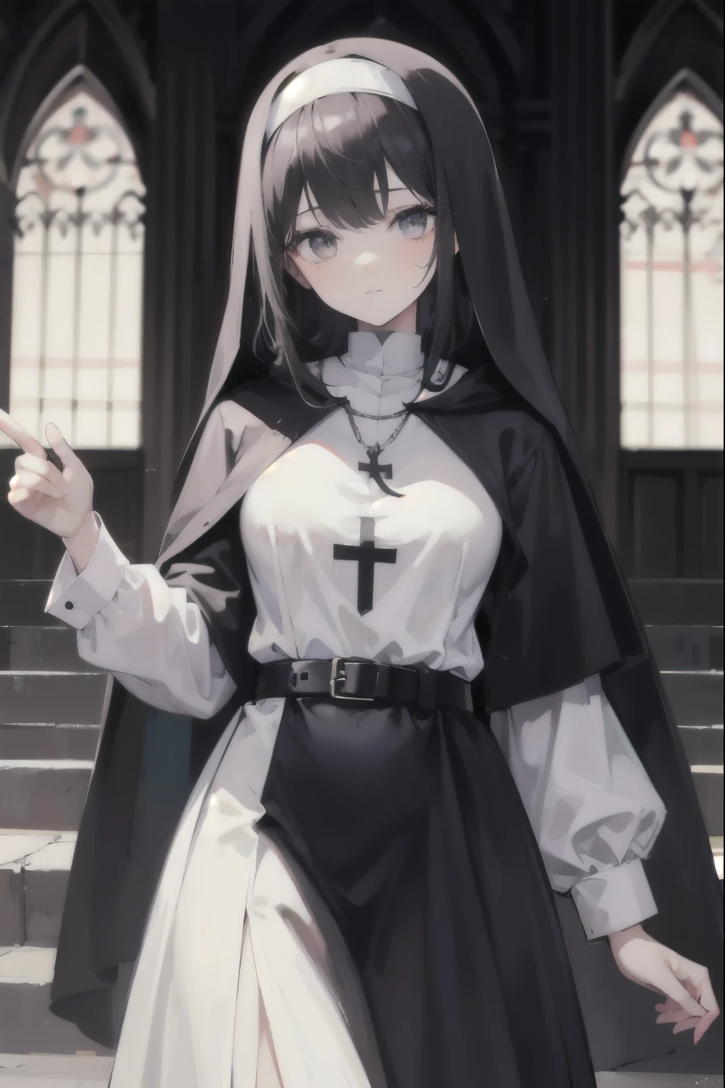 1girl,black hair,Black shawl,White nun dress without hood,,Black waist belt