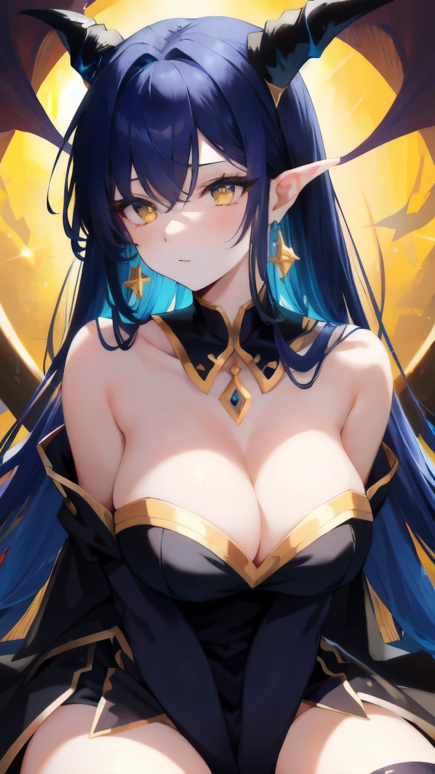 dark blue hair, hair behind ear, hair over eyes, medium hair, horns, demon horns, yellow eyes, crescent earrings, Romanticism, backlighting, bust chart, pov, UHD, super detail, best quality, highres, accurate, masterpiece, devil, demon lady, purple dress, ring, beautiful lady, Use her arms to bring her chest closer and lean forward