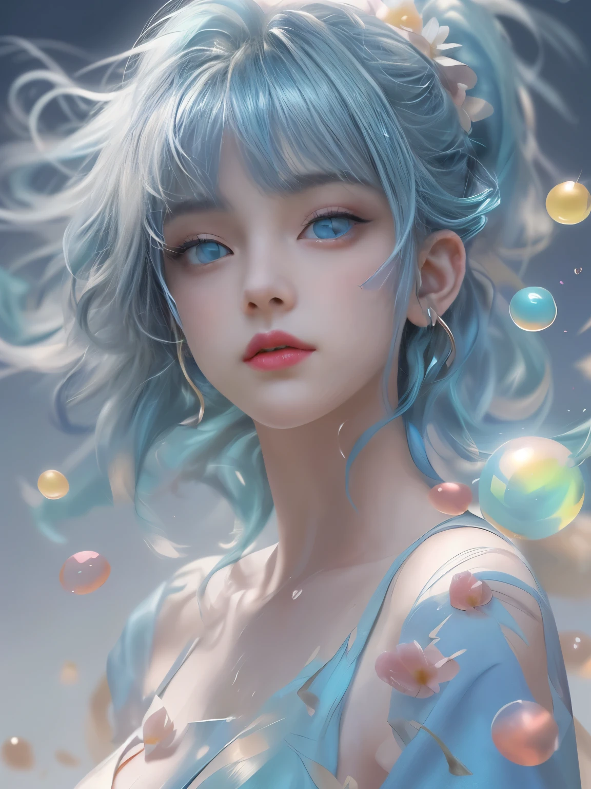 (masterpiece), (highest quality), (Super detailed), (Disheveled Hair), (figure), (One Girl), (Fashionable clothes), Are standing, Fashion Model, Beholder, (interview), (Simple Background), Beautiful and beautiful eyes, Delicate and beautiful face, floating, (High chroma), (Colorful Splash), Colorful Bubbles, (Shine), Focus on the face, ponytail, Light blue hair, bangs, Hair Ring, floating Flowers, floating Hairs, (The Shining), Best lighting, Best Shadow, Big firm bouncing Breasts