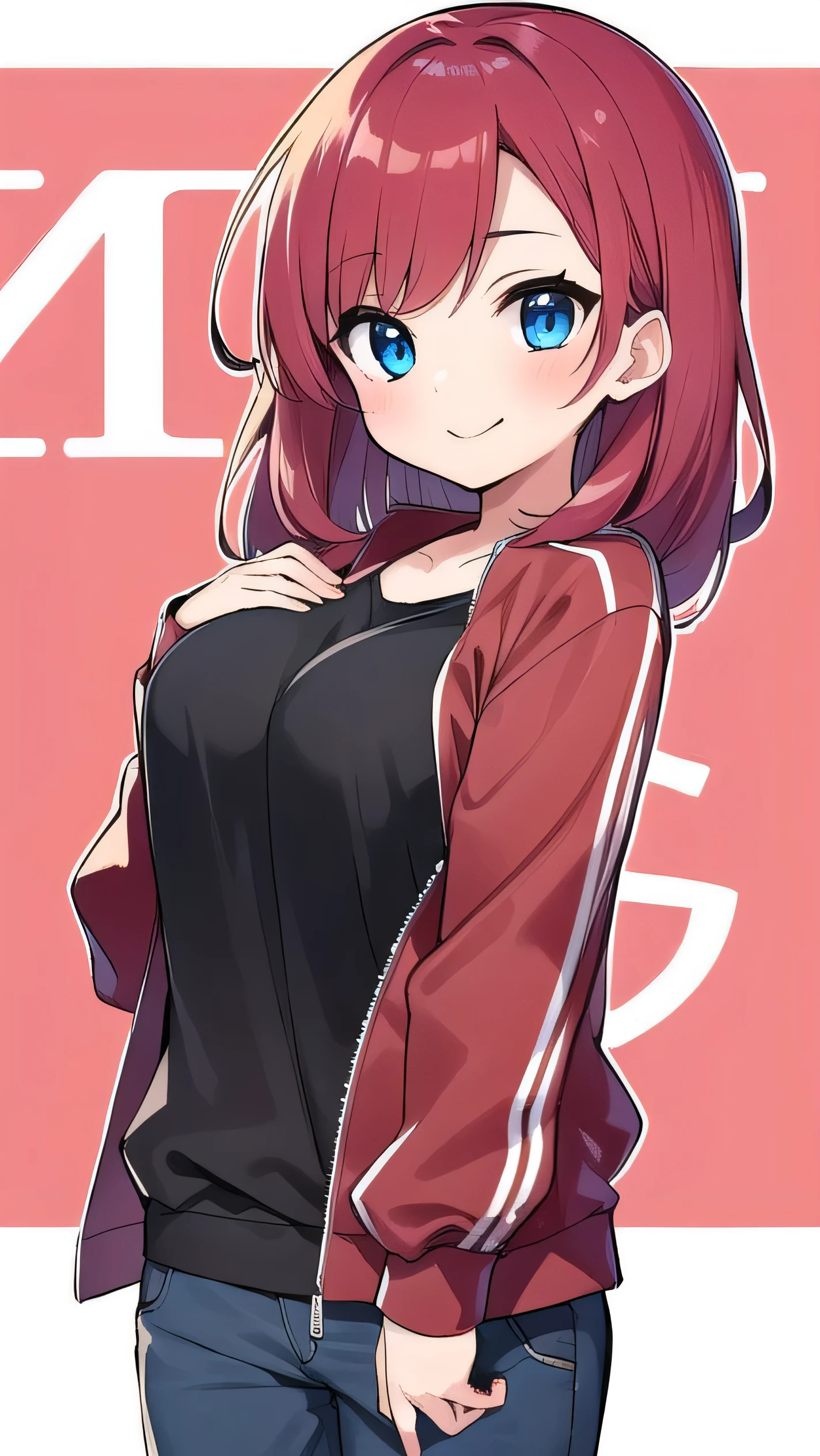 ???????????, red hair, blue eyes, droopy eyes, red jacket, lsuper ???????????, (medium hair: 1), baggy clothes, young face, short height, 10 years old, shy，Agari, smiling a little,  soft hair，(straight hair:1.5)，childish clothes