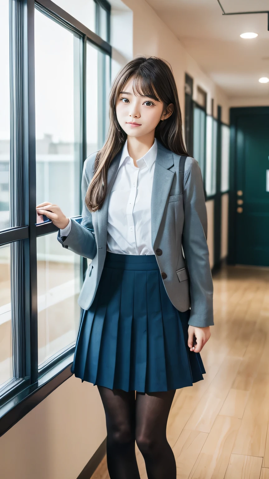 Great quality、8k、flying debris、(RAW Photos:1.4)、High resolution、((Composition away from the subject))、((Full body photo from face to ankles))、((Perfect Anatomy))、1 female 14 years old、Small stature、Detailed skin、Glowing Skin、Baby Face、double eyelid、eyes with long eyelashes、Small face、smile、Open your mouth、Staring out the window in the school hallway、Stretch your back、The windows provide natural light、Realistic school scenery、middle School girl、Blue and grey school bag on shoulder、Slender and delicate body、Small breasts、A blazer uniform with green lines、girl 、Check skirt、healthy、young woman、black tights、black tights、Brown loafers、loafers、Full Body Shot、Beautiful Hairstyles、Accentuates very slim legs