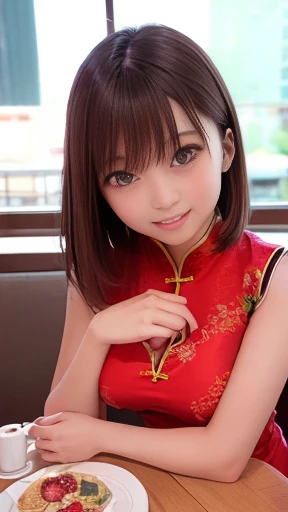 (masterpiece:1.2, highest quality), (Realistic, photoRealistic:1.4), Beautiful illustrations, (Natural Side Lighting, Cinema Lighting), Written boundary depth, 
View your audience, Face Focus, Upper Body, 1 girl, Japanese, high school girl, Perfect Face, Cute and symmetrical face, Shiny skin, 
(short hair:1.5, Double good, Brown Hair), Asymmetrical bangs, Brown eyes, Long eyelashes, (Mid-chest), thin, 
Beautiful Hair, Beautiful Face, Beautiful details, Beautiful clavicle, Beautiful body, Beautiful breasts, Beautiful thighs, Beautiful legs, Beautiful fingers, 
((Detailed cloth texture, Sleeveless Red Micro Mini Cheongsam, Slit at waist)), 
(Beautiful views), evening, (Lounge bar), walk, (put the tray in your hand),, (smile, Upward glance), 