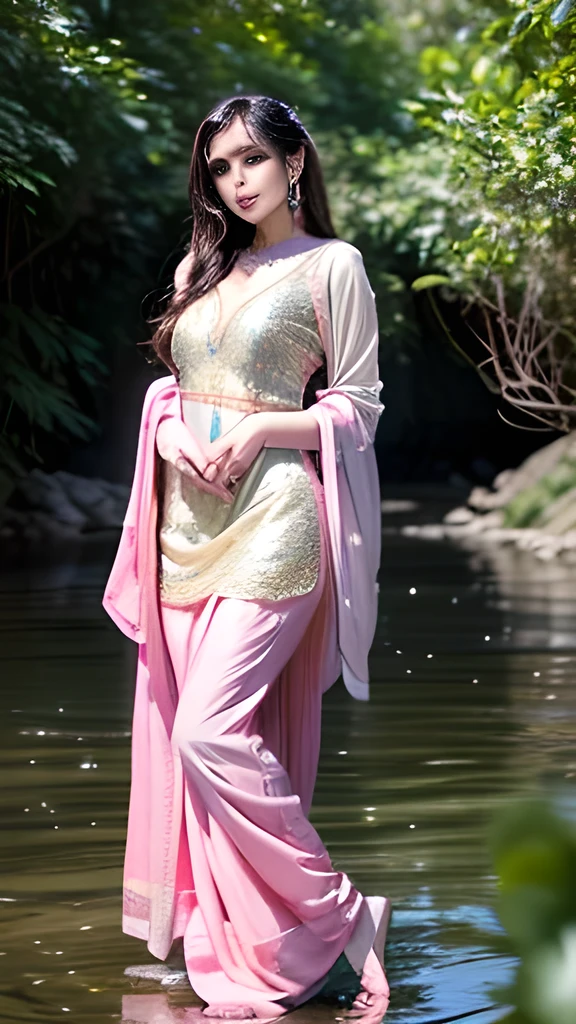 A beautiful Indian girl in salwar kameez standing by a river, with a flower in her hand, looking shyly at the camera, full body, whole body, His most beautiful face, And colorful butterflies are flying around him,
