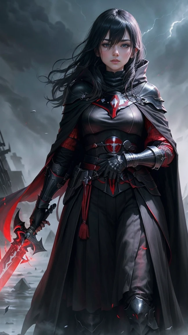 highest quality、masterpiece、8k、Realistic、超High resolution、Very delicate and beautiful、High resolution、Cinema Lighting、medium range shooting、Portraiture、Perfect female body、Opposition、Looking at the audience、((Dark Knight of Another World、Jet Black Armor、Red glowing eyes、Sharp blade、Heavy Great Sword、Cloak of Darkness、Steel Gloves、Dark aura))、((assassination force:1.4))、Cold look、black magic、Evil coat of arms、Battle scars、Black Horse、Wicked Ritual、Cursed Shield、Ancient magic books、Otherworldly Wilderness、Overwhelm the enemy、Ruthless Combat Techniques、A heart controlled by the power of darkness、An endless battle、Strategies in the Dark、Bringer of Despair、Dark Pact、scary appearance、Corrupted Chivalry、Jet Black Steel、Kingdom of Another World、Symbol of Destruction。