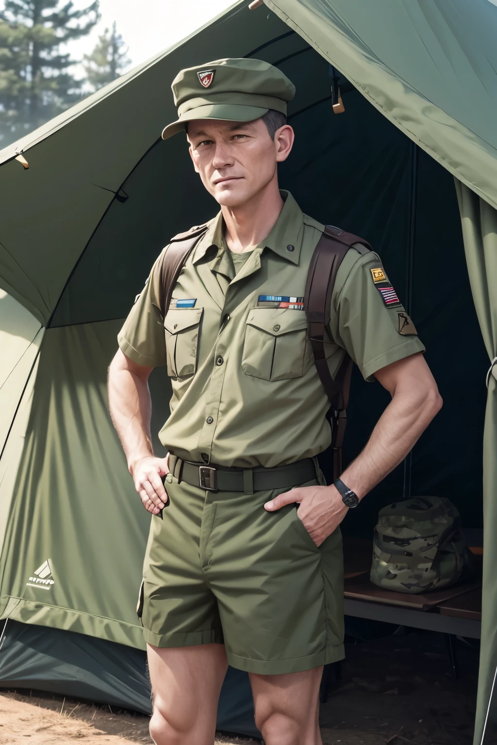 Grizzled, scout camp adult leader with facial scars, military haircut, wearing campaign hat, scout uniform shirt, and short scout uniform shorts. Standing in front of green canvas tent.