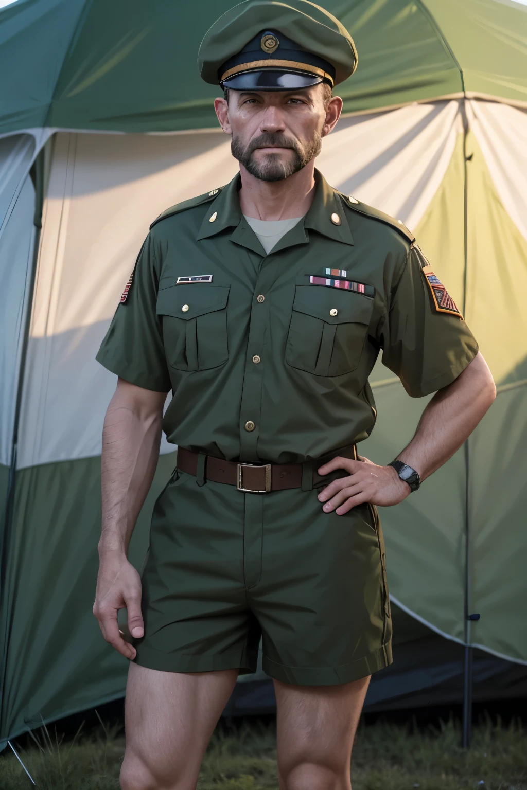 Grizzled, scout camp adult leader with facial scars, military haircut, wearing campaign hat, scout uniform shirt, and short scout uniform shorts. Standing in front of green canvas tent.