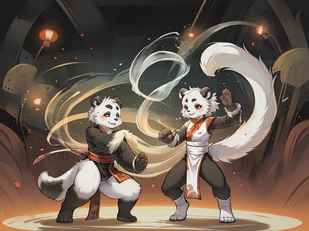 Ink painting , Hallucination, daydream , bokeh , hairy fur , messy slender panda girl , long slit china dress , Chest protrusion , Chinese Panda pattern face , (Kung Fu action , Do Tai Chi) , Fluttering in the wind , High-level Match, Clash