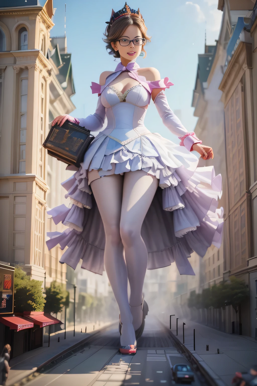 giantess art, highly detailed giantess shots, giantess, Two legs, Five fingers, short hair, super giant princess, A beautiful girl who is bigger than any skyscraper, Wearing rimless glasses, smile, , White gorgeous dress, White Pantyhose, pantyhose, Whiteetto sandals, toes visible through pantyhose, Destroyinges, A very small big city, Miniature metropolis, Full body description, GTS, giga giantess, stomping city, crash city, tiny city, micro city, pantyhose feet, High resol, highest quality, masterpiece, princess dress,