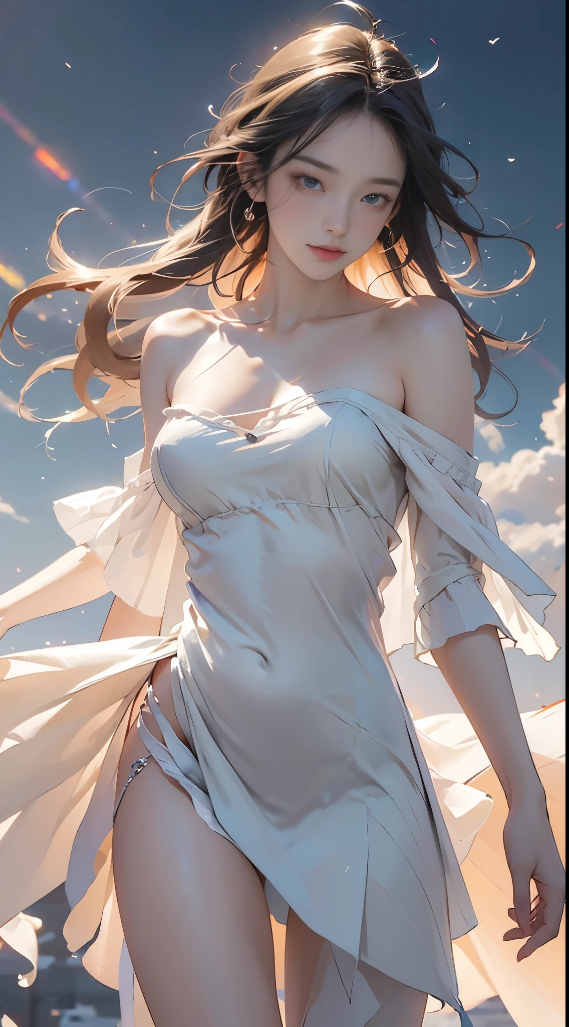 chromatic dispersion,glowing colors, ((cowboy shot)), ((Bare shoulder)), ((Short hemlines, sexy long legs)), realistic detailed photo of a giant breasted girl with exposed shoulders, detailed fingers, high quality skin, red eyes, alone in a winter scene with clouds, wind, and flowing hair, (best quality,4k,8k,highres,masterpiece:1.2),ultra-detailed,(realistic,photorealistic,photo-realistic:1.37),studio lighting,vivid colors