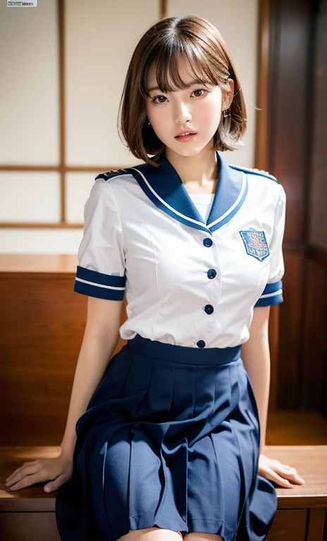 Ulzzang-6500-v1.1, (RAW Photos:1.2), (Realistic:1.4), Beautiful detailed girl, Very detailed eyes and face, Beautiful fine details, Ridiculous, incredibly Ridiculous, Large file size, Very detailed, High resolution, Very detailed, highest quality, masterpiece, kemomimi, ((Japanese high school girls uniform)), figure, Very detailed, CG, Unified, 8k wallpaper, wonderful, Fine details, masterpiece, highest quality, Very detailed CG uniform 8k wallpaper, Light on the face, Cinema Lighting, One girl, 20-year-old,((Dynamic pose)), (Sit with your knees bent)、Ample breasts、Plump Ass、Short sleeve uniform、Short Hair、Slightly brown hair color、Bare Skin