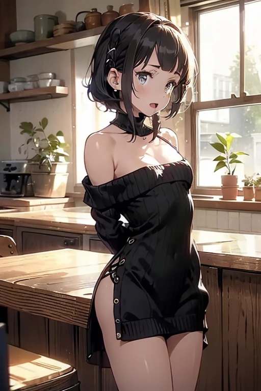 (small breasts:1.3), (perky chest:1.1), (pointed chest:1.0), (fashion magazine cover:1.3),(from below:1.0),(from side:0.9),masterpiece, 1girl, Amazing Cleavage:1.1, thin waist, big ass, Raised sexy, small breast: 1.3, posed cleavage:1.2、solo, looking at viewer, open mouth, have a cute grass of cute beergrass,black hair, dark green eyes, dress, bare shoulders, jewelry, collarbone, sidelocks, hairband, earrings, indoors, off shoulder, :o, sweater, arms behind back, plant, short hair with long locks, gild hairband, off-shoulder dress, sweater dress, off-shoulder sweater, red sweater, dark gord hair, big side hair, very long side hair,is rendered in (masterpiece: 1.2, best quality), with (ultra high resolution) and an exquisite (depth of field). This masterpiece is not only visually stunning but also tells,A scene of cooking in the kitchen by classroom