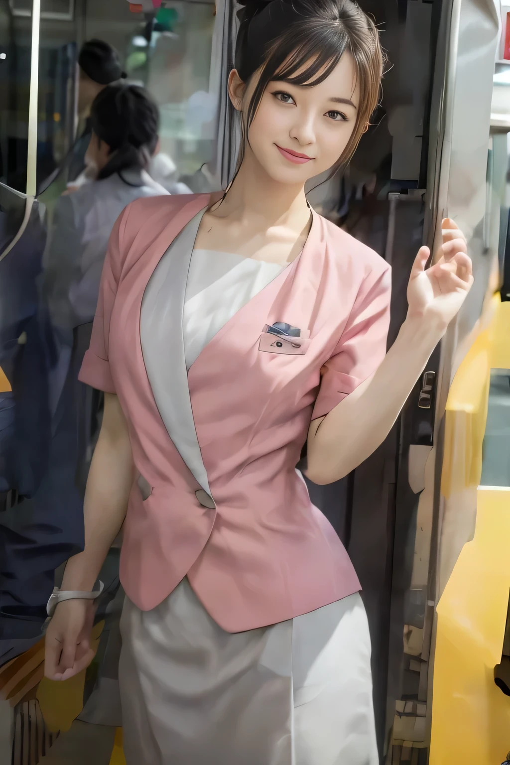 (masterpiece:1.2, highest quality:1.2), 32K HDR, High resolution, (alone、1 girl)、（On the rooftop of a building in the daytime、Professional Lighting）、Building rooftop background、（Nankai train crew uniform pinkを着たリアルスタイル）、（Nankai train crew uniform pink short sleeve pink jacket、Nankai Train Crew Uniform Pink Collarless Short Sleeve Blouse、Nankai Train crew uniform pinkのグレー色のキュロットスカート）、Dark brown hair、（Hair tied up、Hair Bun、Hair Bun）、Dark brown hair、Long Shot、Big Breasts、Thin legs、（（Great hands：2.0）），（（Harmonious body proportions：1.5）），（（Normal limbs：2.0）），（（Normal finger：2.0）），（（Delicate eyes：2.0）），（（Normal eyes：2.0））)、smile、（Nankai Train crew uniform pinkのグレー色のキュロットスカートを見せた美しい立ち姿）、Put your hands down、I have nothing in my hands