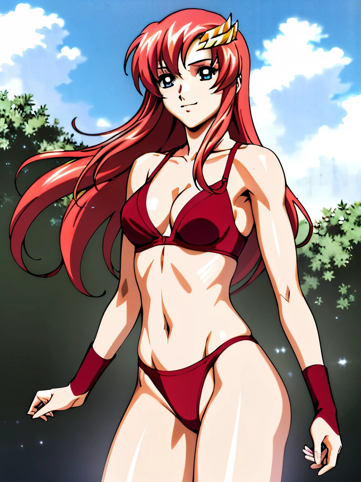 lacus4, (red bikini, running, thong, thin girl, masterpiece, cowboy shot, very slim shoulders, 4K, Best Quality, Anime style: 1.9, happy, Adult Woman, (ultra detailed head), (Crowd, cloud background), Drawing lines, high resolution, lacus4), 1girl, Solo, curvy figure, clavicle, scapular, (Detailed wide hair bangs, Hair Ornament, Detailed reddish-pink hair, shiny streaks, slim arms, detailed golden crest), cleavage, large hands, (hair cover shoulders). (Big blue eyes, shiny eyes), ((female wrestler, (slim body), slim arms, closed fists, thighs)), ((perfect proportions, medium-small breasts, medium thighs, long belly)), ((totally red bra, red arm band, red arm band)), smile with a wink, (standing, hot colors), detailed fingers, (bare shoulders)
