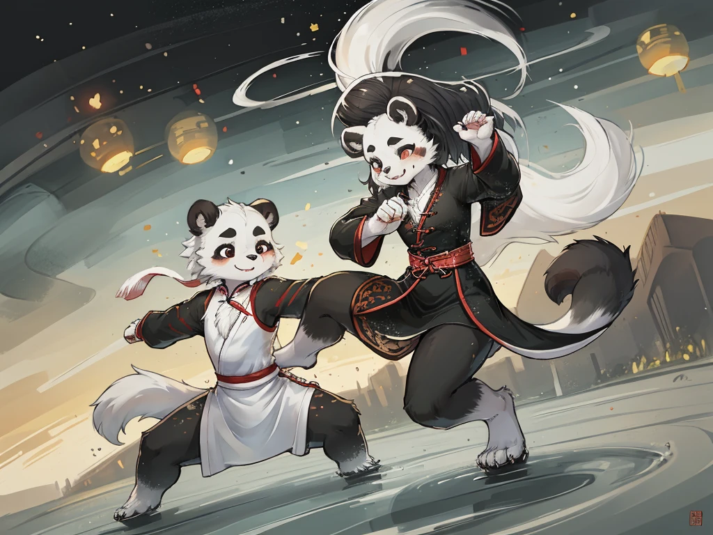 Ink painting , Hallucination, daydream , bokeh , hairy fur , messy slender panda girl , long slit china dress , Chest protrusion , Chinese Panda pattern face , (Kung Fu action , Do Tai Chi) , Fluttering in the wind , High-level Match, Clash