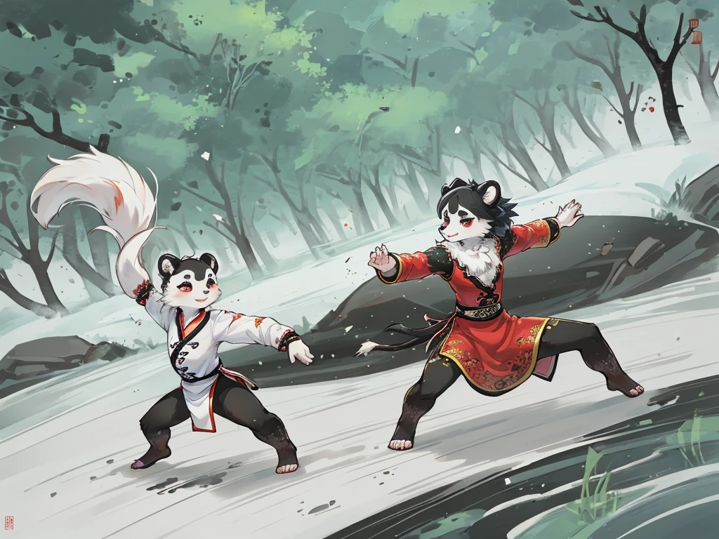 Ink painting , Hallucination, daydream , bokeh , hairy fur , messy slender panda girl , long slit china dress , Chest protrusion , Chinese Panda pattern face , (Kung Fu action , Do Tai Chi) , Fluttering in the wind , High-level Match, Clash