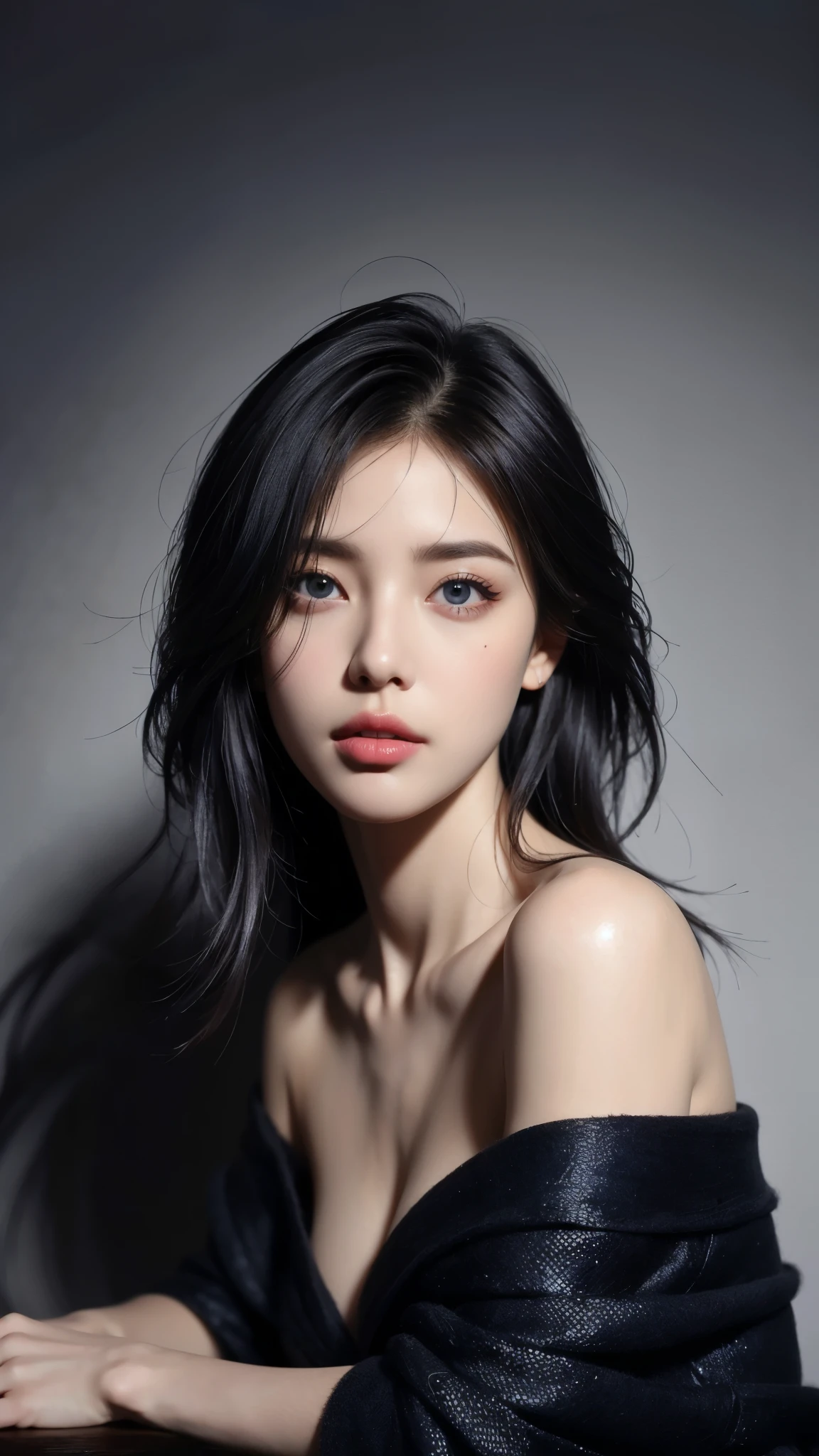 masterpiece, best quality, Extremely detailed, extremely detailed extremely detailed, Practical, Distinctive features, Very detailed, Clear focus, Perfect face, Perfect face, Perfect symmetry perfect eyes, Perfectly plump lips, Flexible female form, Movie, lamp, Ultra Detailed, hyper Practical, masterpiece, atmosphere, high resolution, energetic, 动态工作室lamp光, National Foundation, ((Dark background)), Sexy face, Facial expressions when you are happy, Straight bangs, Large Breasts, Cleavage exposed, blue eyes,Black Sweater, ((Cowboy shooting, mole under eyes,))