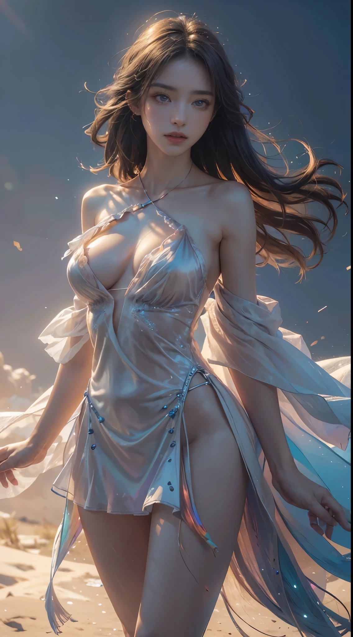 chromatic dispersion,glowing colors, ((cowboy shot)), ((Bare shoulder)), ((Short hemlines, sexy long legs)), realistic detailed photo of a giant breasted girl with exposed shoulders, detailed fingers, high quality skin, red eyes, alone in a winter scene with clouds, wind, and flowing hair, (best quality,4k,8k,highres,masterpiece:1.2),ultra-detailed,(realistic,photorealistic,photo-realistic:1.37),studio lighting,vivid colors