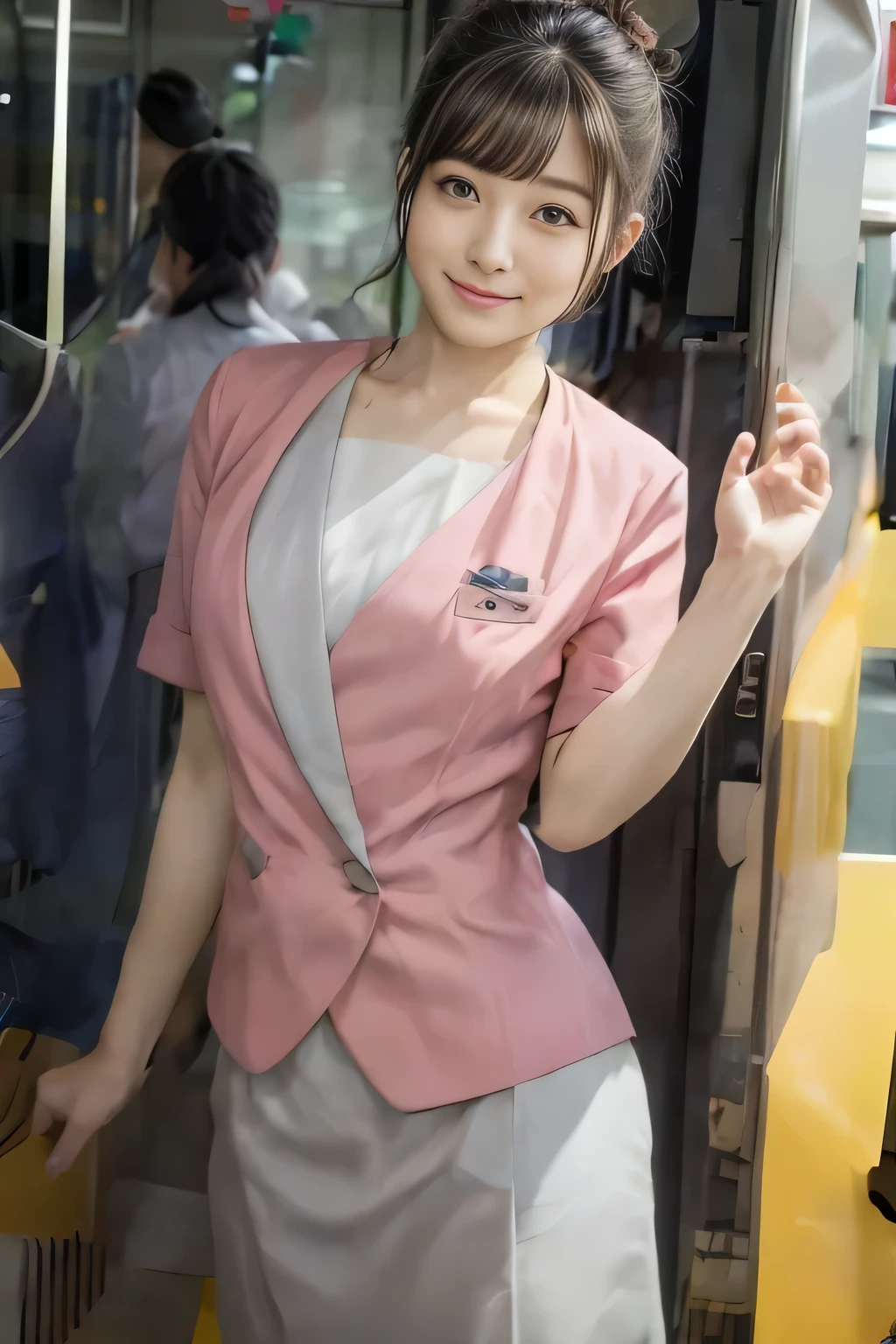 (masterpiece:1.2, highest quality:1.2), 32K HDR, High resolution, (alone、1 girl)、(On the rooftop of a building in the daytime、Professional Lighting)、Building rooftop background、(Nankai train crew uniform pinkを着たリアルスタイル)、(Nankai train crew uniform pink short sleeve pink jacket、Nankai Train Crew Uniform Pink Collarless Short Sleeve Blouse、Nankai Train crew uniform pinkのグレー色のキュロットスカート)、Dark brown hair、(Hair tied up、Hair Bun、Hair Bun)、Dark brown hair、Long Shot、Big Breasts、Thin legs、((Great hands:2.0)),((Harmonious body proportions:1.5)),((Normal limbs:2.0)),((Normal finger:2.0)),((Delicate eyes:2.0)),((Normal eyes:2.0)))、smile、(Nankai Train crew uniform pinkのグレー色のキュロットスカートを見せた美しい立ち姿)、Put your hands down、I have nothing in my hands