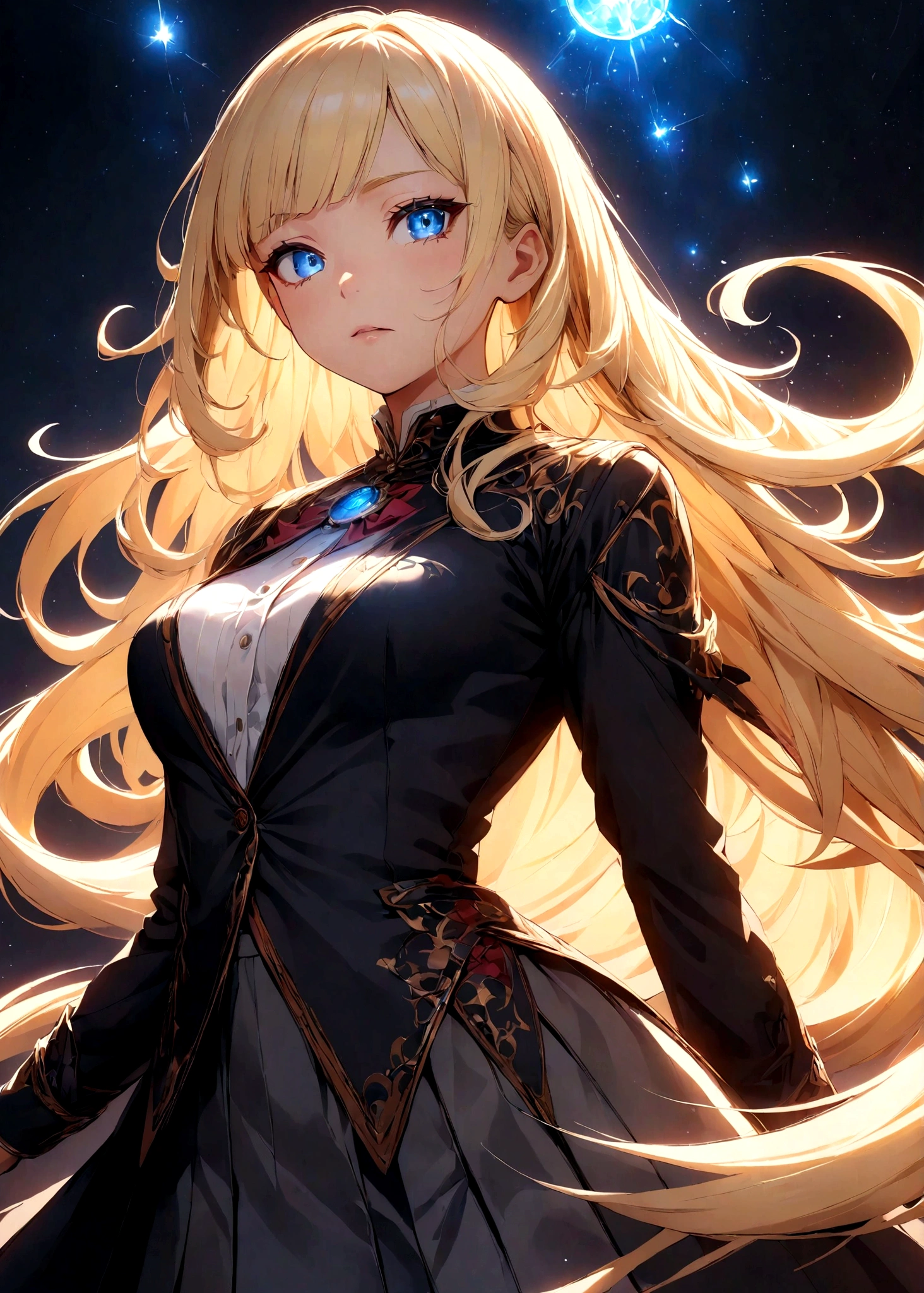 anime style, best quality, extremely detailed, best shadows), (detailed background, dark fantasy), (beautiful detailed faces), high contrast, (best lighting, extremely delicate and beautiful), ((cinematic lighting)), colorful, super detailed, dramatic lighting, intricate details, (1 girl, solo, sharp face, . Blonde, super long hair , thin bangs, long eyelashes, dynamic angle), blood splatter, black light swirling around character, depth of field, black light particles, (broken glasagic circle