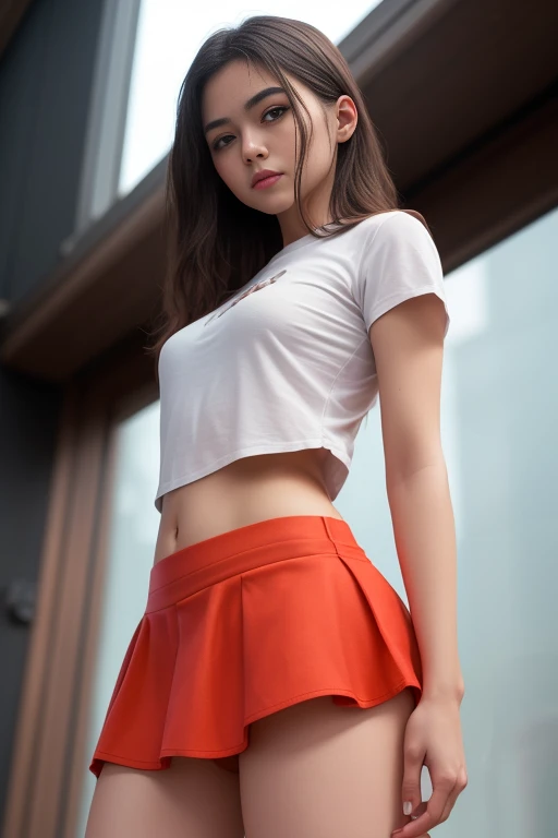 high school girl jk miniskirt white shirt exposed clothed shy naughty sexual facial expression showing short skirt angle from below, white short tight t-shirt, breasts breasts big breasts, wide hips thin waist naughty sexual young japanese japan porn young 