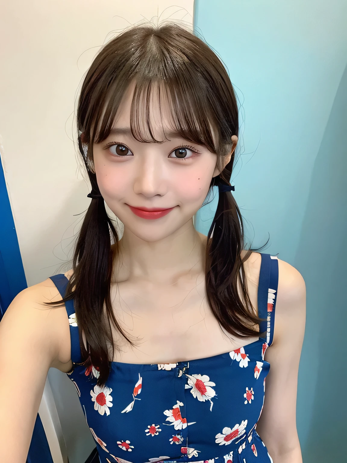 one person、、Full body photo、slender、woman、White drool coming out of the mouth、smile、Short Twin Tails、Stick your butt out、 Fair skin, messy hair, super cute、Soft and Face、8K resolution、Surreal、Ultra high definition、 A-cup small breasts((Highest resolution、8k、masterpiece:1.3))、Ultra-fine face、Ultra Fine Lips、Beautiful Eyes、double eyelid,Light blue wall、Red floral bandeau dress:1.1、Thighs、thin,Thighs are visible、Shapely small breasts、Sitting in a chair