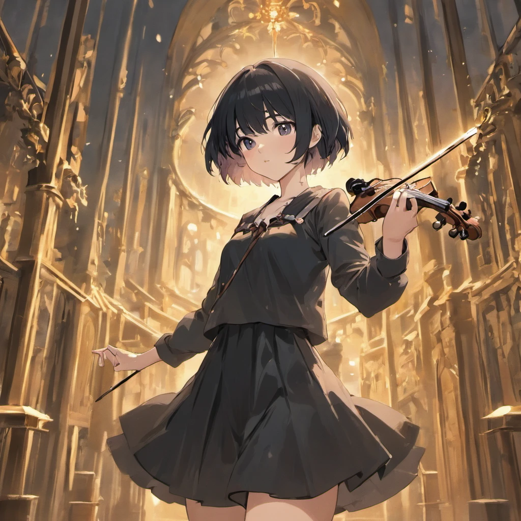 A beautiful girl with short black hair and white bangs and wearing a short black dress plays the violin in the secret garden.
