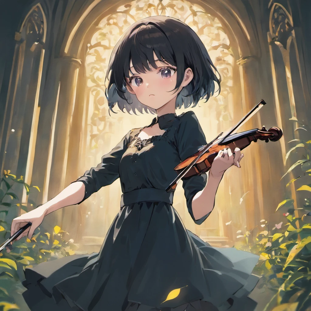 A beautiful girl with short black hair and white bangs and wearing a short black dress plays the violin in the secret garden.