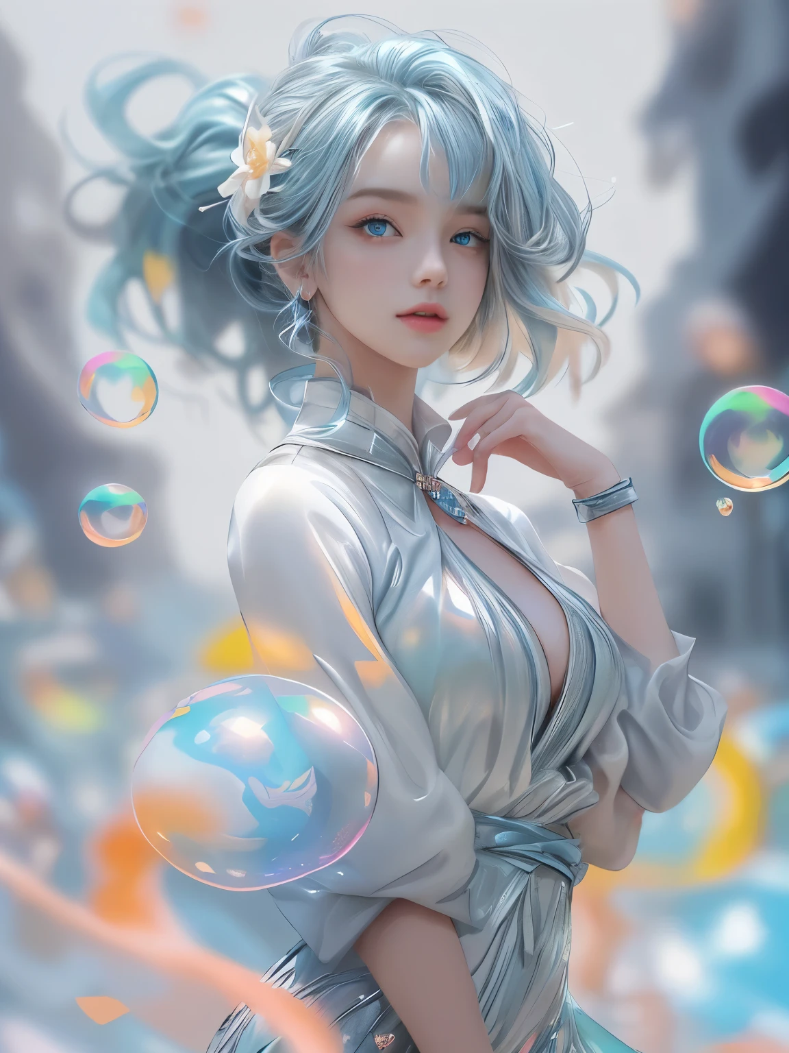 (masterpiece), (highest quality), (Super detailed), (Disheveled Hair), (figure), (One Girl), (Fashionable clothes), Are standing, Fashion Model, Beholder, (interview), (Simple Background), Beautiful and beautiful eyes, Delicate and beautiful face, floating, (High chroma), (Colorful Splash), Colorful Bubbles, (Shine), Focus on the face, ponytail, Light blue hair, bangs, Hair Ring, floating Flowers, floating Hairs, (The Shining), Best lighting, Best Shadow,  Big firm bouncing Breasts