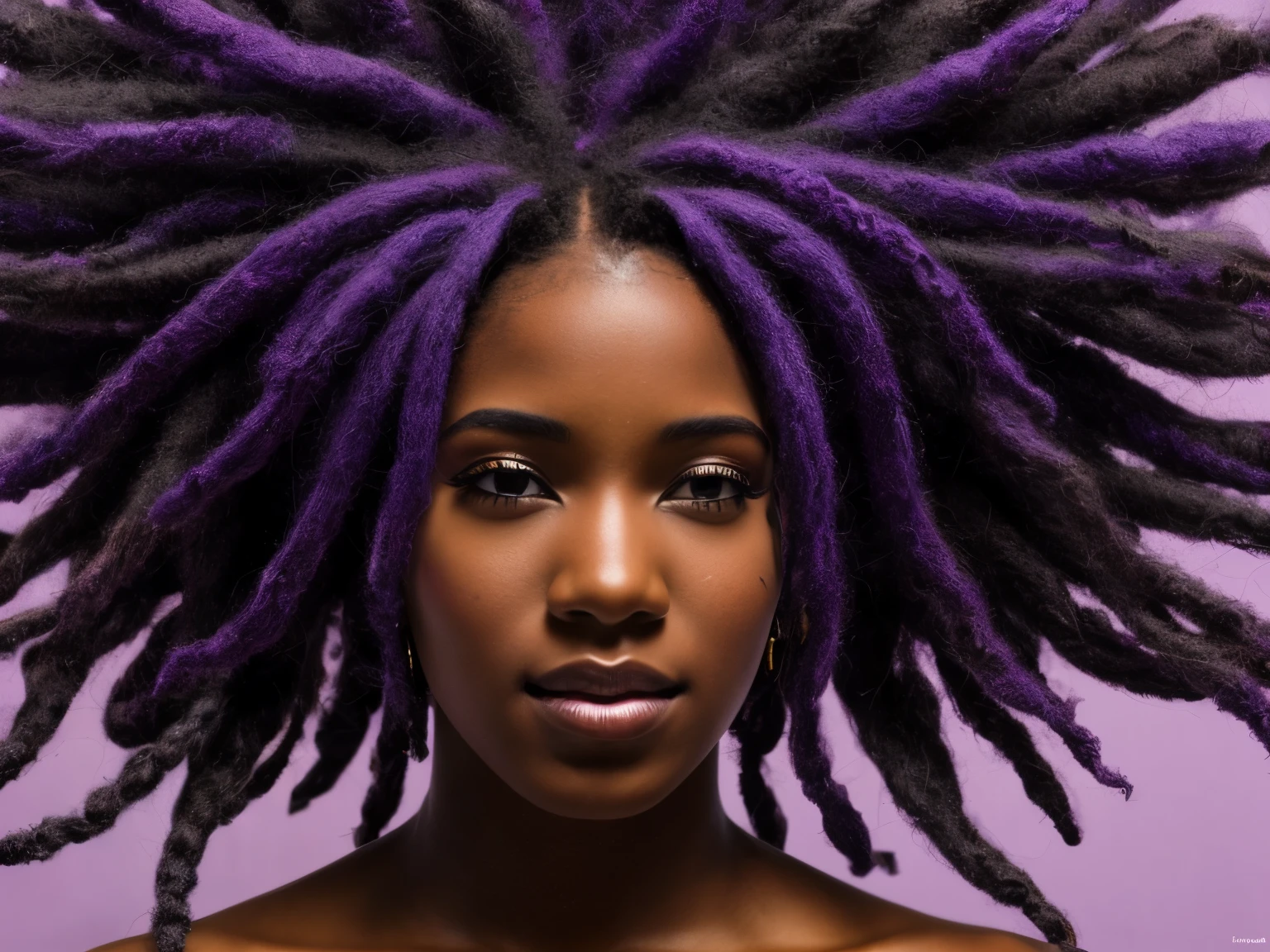 Hyper-realistic ebony avatar  with purple eyes and dreadlocks made of stardust