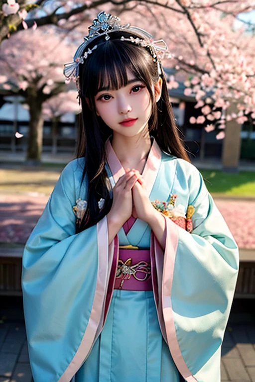 goddess 12unlined kimono The color is lustrous upright Joining hands in prayer looking at the camera Background is cherry blossoms Front view The person is big Tiara Upper Body