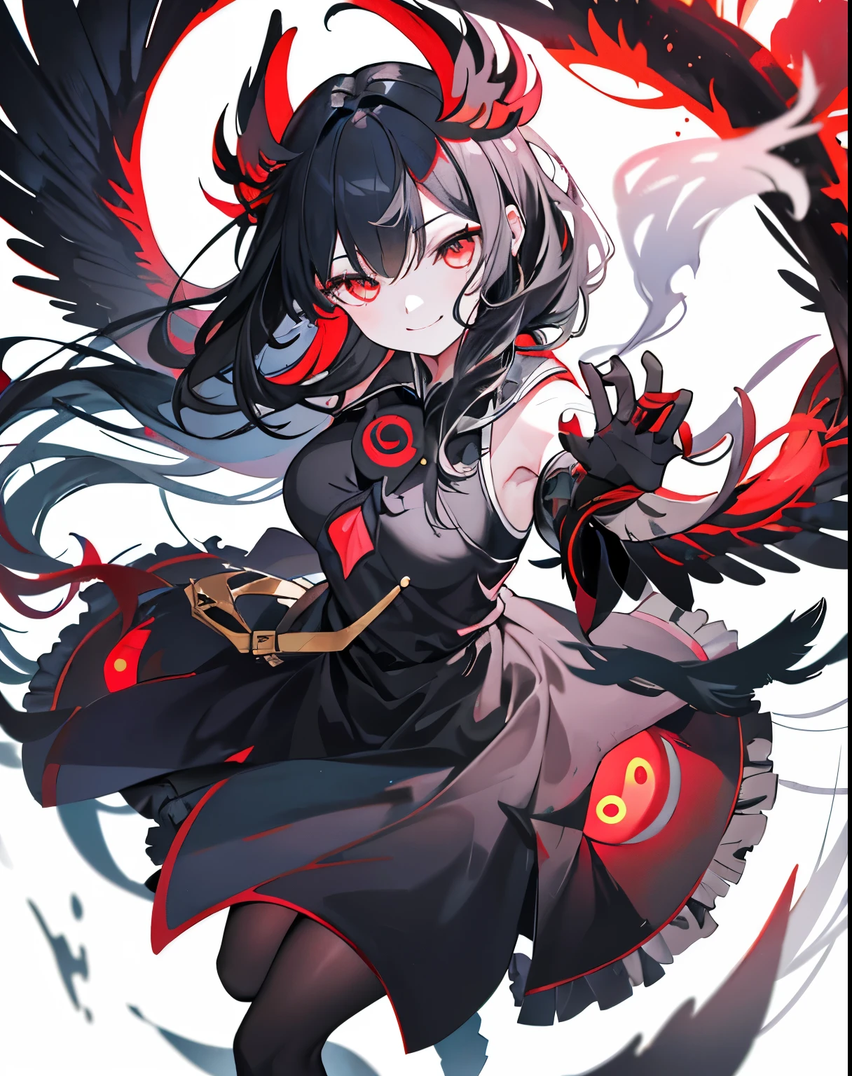 Art Station, White Background, Long Black Hair、Standing in the Wilderness,whole body、Equipped with Crow Gauntlets、triumphant smile、Small breasts、, As if smoke and shadows were given shape, Wings made from giant crows, Dancing crow feathers, Many glowing red eyes, Shadow Claw, Supernatural Lightning and Fire, ((black sun)), 8K High Resolution, トレンドArt Station, whole body,Black feather frill dress、A whirlpool of countless red-eyed crows、Nova explosion、Black Hole
