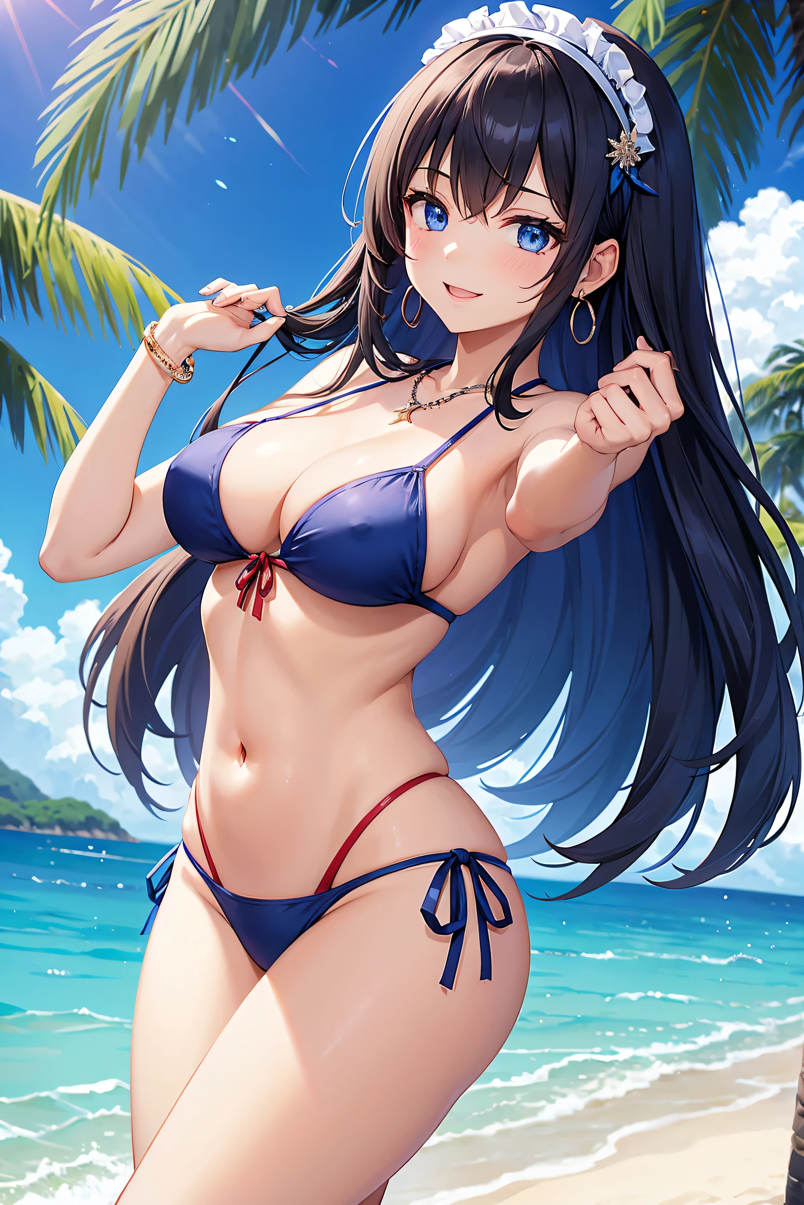 highest quality、highest quality、masterpiece、beautiful girl、Navy blue long hair、blue eyes、Sexy red bikini、Big cleavage、(Big Breasts),smile、blue necklace、Blue Earrings、background(Beach)、White headband、bracelet、A dynamic pose