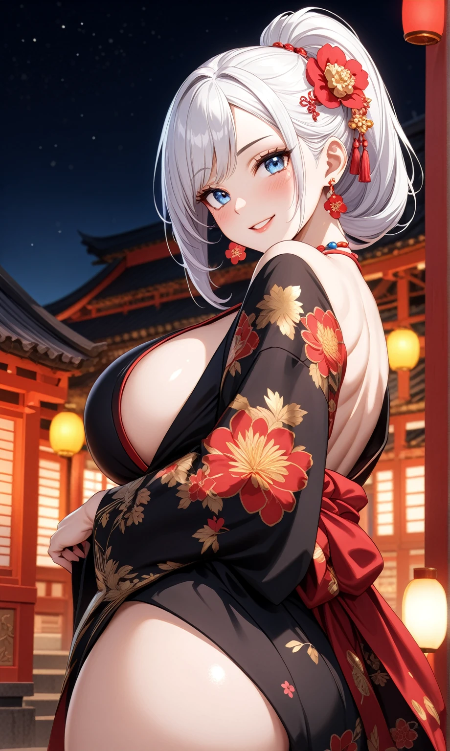 ((one personの女性)), Beautiful Face,Laugh shyly,((Wink:1.7)),Laughing with your mouth open,turn bright red,Glossy pink lips,night,Shrine festival sexpensives,((Anime style background)),masterpiece, highest quality, so beautiful, Latest, Complex details, (Pink long nails),AI-generated, Complex,High resolution, highest quality, super high quality,3D Images、View your viewers、3D Images,one person,Long white hair,High Ponytail,blue eyes,Anime woman posing for a photo, [[fine grain、Colorful eyes、Shining Eyes:1.15]],(Squint your eyes:1.1),a hyperRealistic , hyperRealistic , Realistic,Anime woman with long and white hair, Smooth anime CG art, A woman in a colorful kimono with gold embroidery, (Black kimono),Red floral pattern,Long flower hair ornament,Big earrings,(Big Breasts:1.1),Mature Body,expensive,Big Ass,Fine details,Tight waist,Abdominal muscles,(Face close-up:1.5),Tilt your face,Shooting from an angle,(Arch your back and stick your butt out)