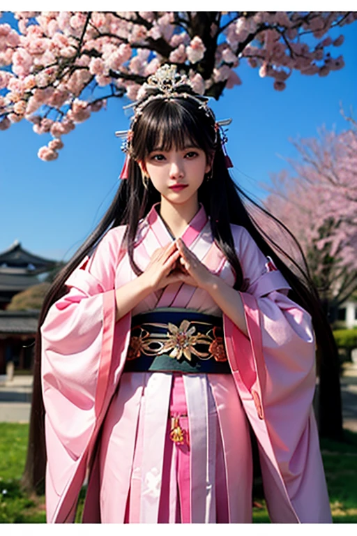 goddess　１２unlined kimono　The color is lustrous　upright　Joining hands in prayer　looking at the camera　Background is cherry blossoms　Front view　The person is big　tiara　Upper Body　Extra Large