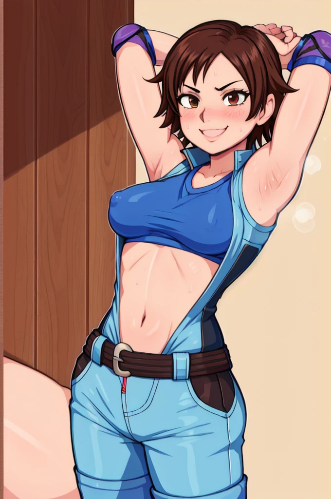 asuka kazama,1girl,solo,black pants,blue shirt,sleeveless,medium breasts,heavy blush,(brown eyes:1.2),((arms up)), sweat, sweaty, no bra, nipple hard, smile