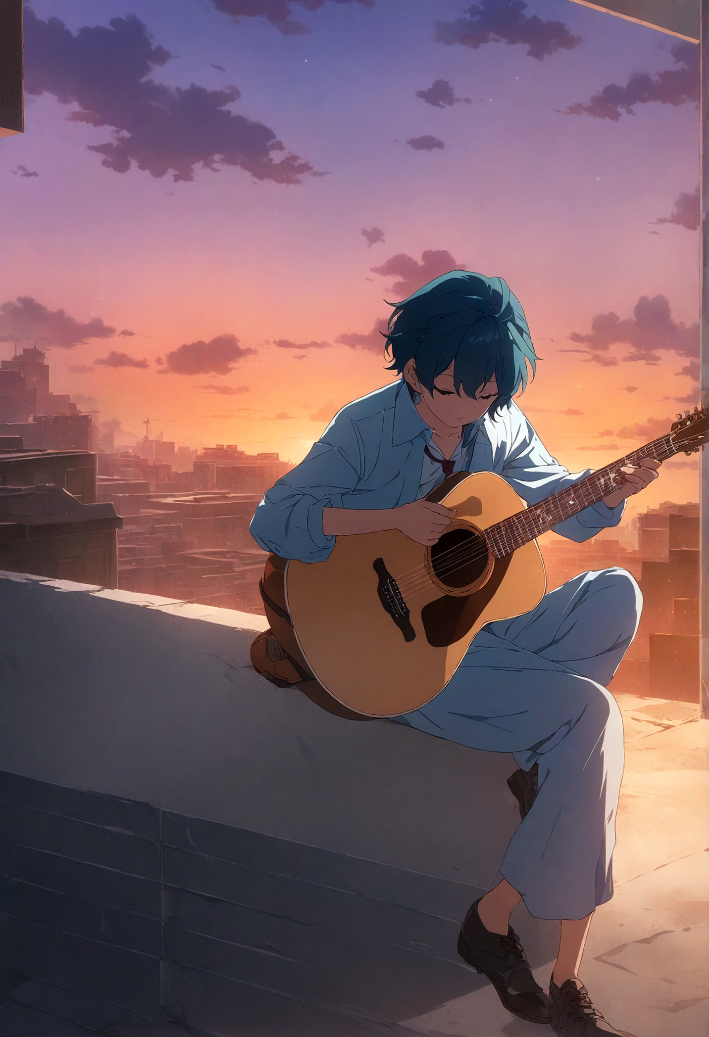 Anime boy sitting on the shelf and playing guitar at sunset, Anime Art Wallpapers 8K, anime art wallpaper 4k, anime art wallpaper 4k, Anime Style 4k, anime wallpaper 4k, anime wallpaper 4k, anime wallpaper 4k, Manga Wallpaper, 4K Wallpaper, Makoto Shinkai Cirilo Rolando, Girl playing guitar, Lo-fi Girl